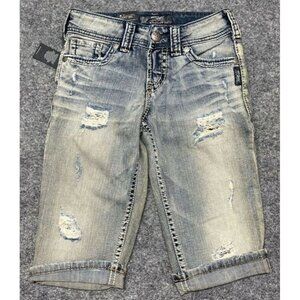 Silver Jeans Suki Flap Shorts Womens 24 Curvy Fit Blue Denim Bermuda Stretch New